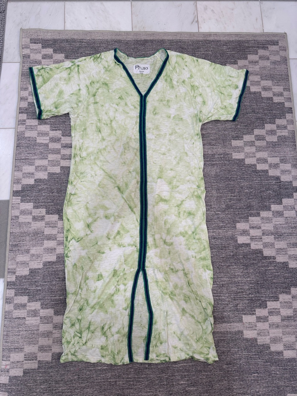 Pitusa Light Green and White Tie-Dye Romper with Dark Green Trim